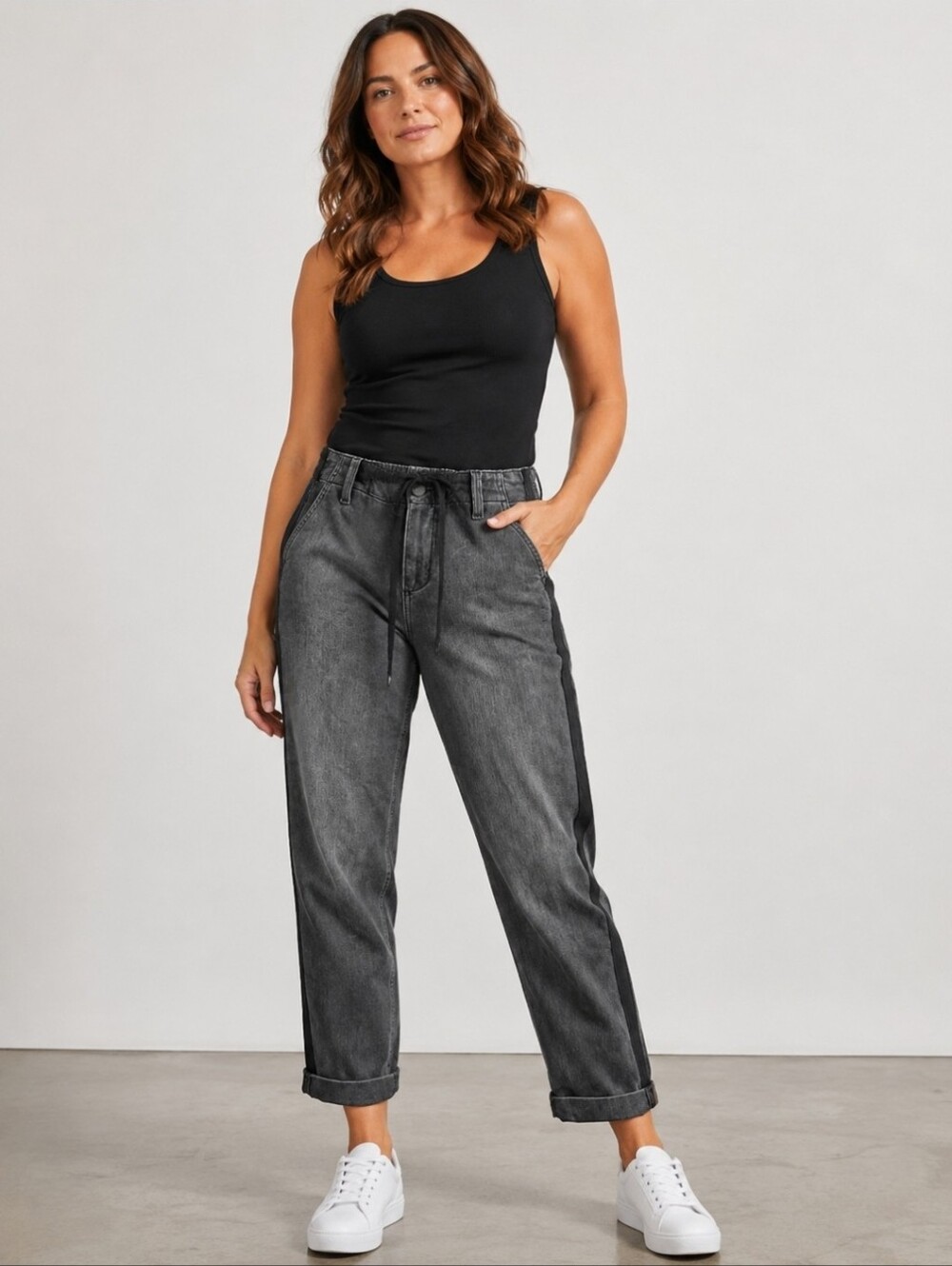 PAIGE Christy Jogger Denim Gray Black Side Stripe Drawstring Denim Pants size 30